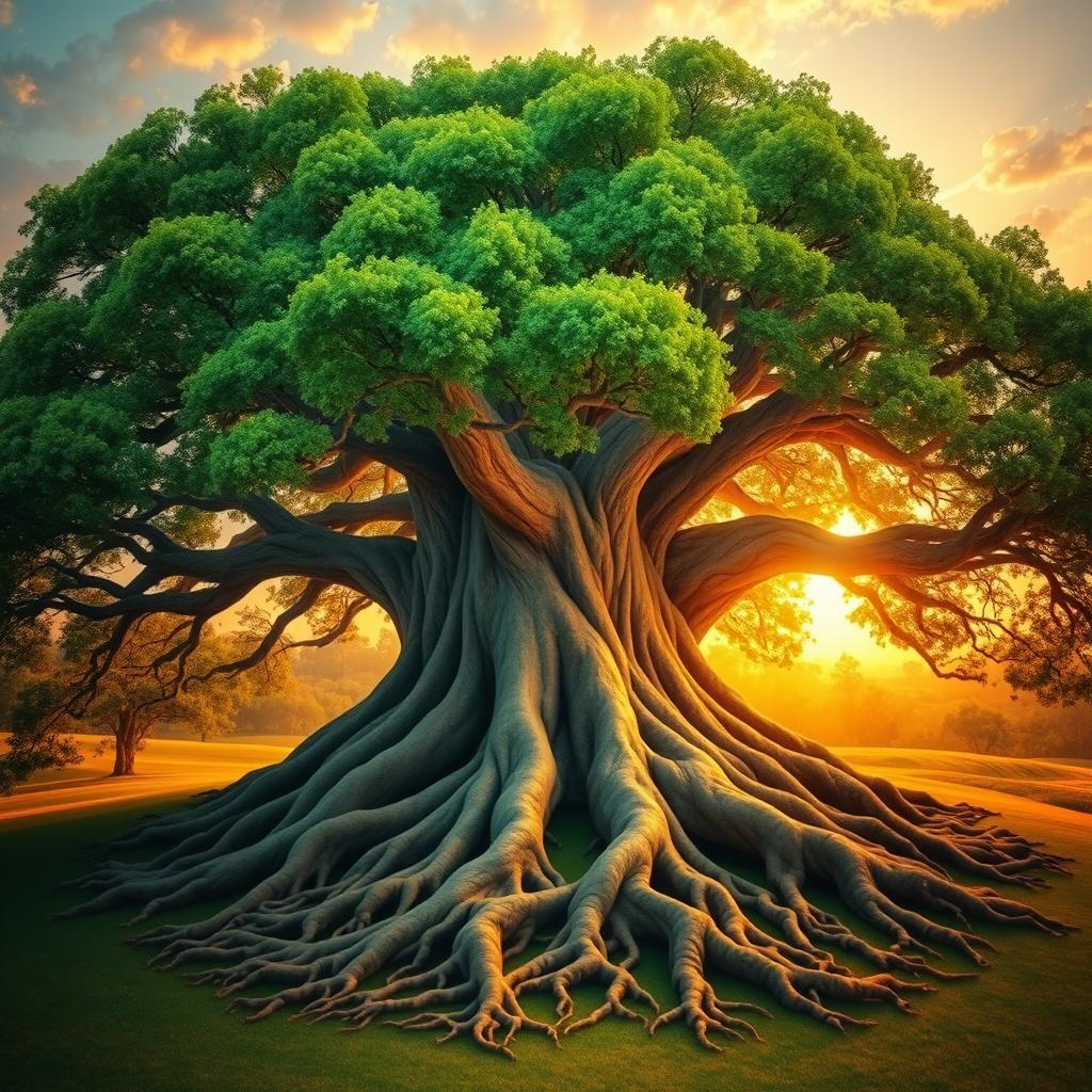 A majestic, large tree with a thick trunk and strong, sprawling roots, symbolizing unity and strength