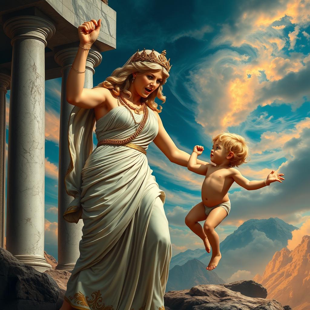 In a dramatic and mythical scene, the goddess Hera, adorned in elegant and regal attire, is depicted throwing a rather unusual-looking baby Hephaestus away from her in a fit of anger