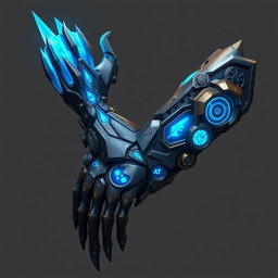 A magnificent artificial full arm powered by hextech, inspired by the Arcane theme from the show League of Legends, specifically resembling the ones used by Vi
