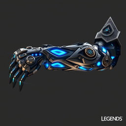 A magnificent artificial full arm powered by hextech, inspired by the Arcane theme from the show League of Legends, specifically resembling the ones used by Vi