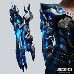 A magnificent artificial full arm powered by hextech, inspired by the Arcane theme from the show League of Legends, specifically resembling the ones used by Vi