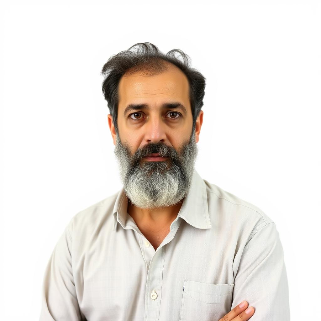 A portrait of Morteza Avini, the renowned Iranian filmmaker and writer, standing against a pure white background