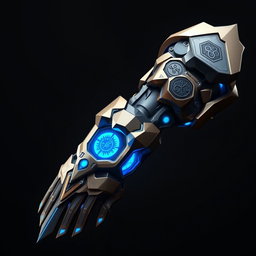 A stunning artificial full arm powered by hextech, inspired by the Arcane theme from the show League of Legends, specifically similar to the ones used by Vi