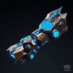A stunning artificial full arm powered by hextech, inspired by the Arcane theme from the show League of Legends, specifically similar to the ones used by Vi