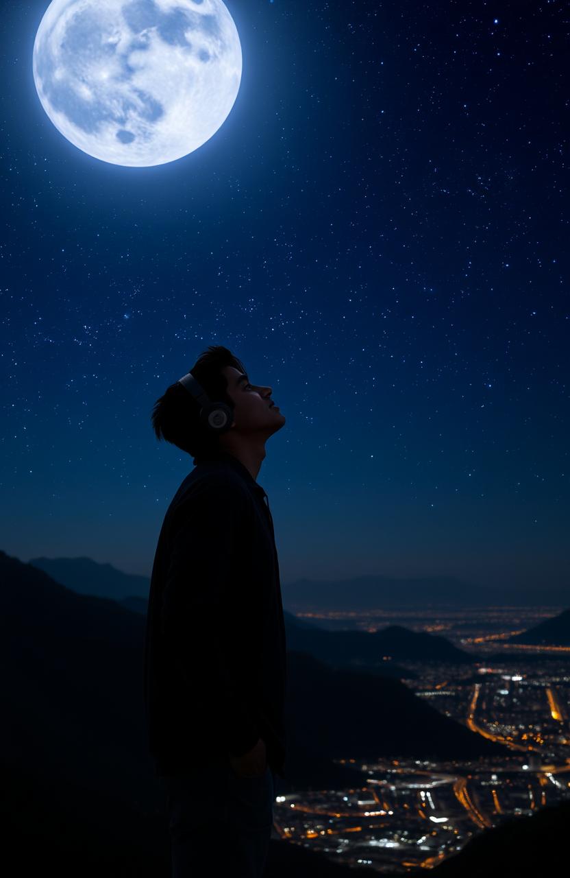 A young man standing on a mountain, gazing up at a dark sky filled with stars and a bright, glowing moon