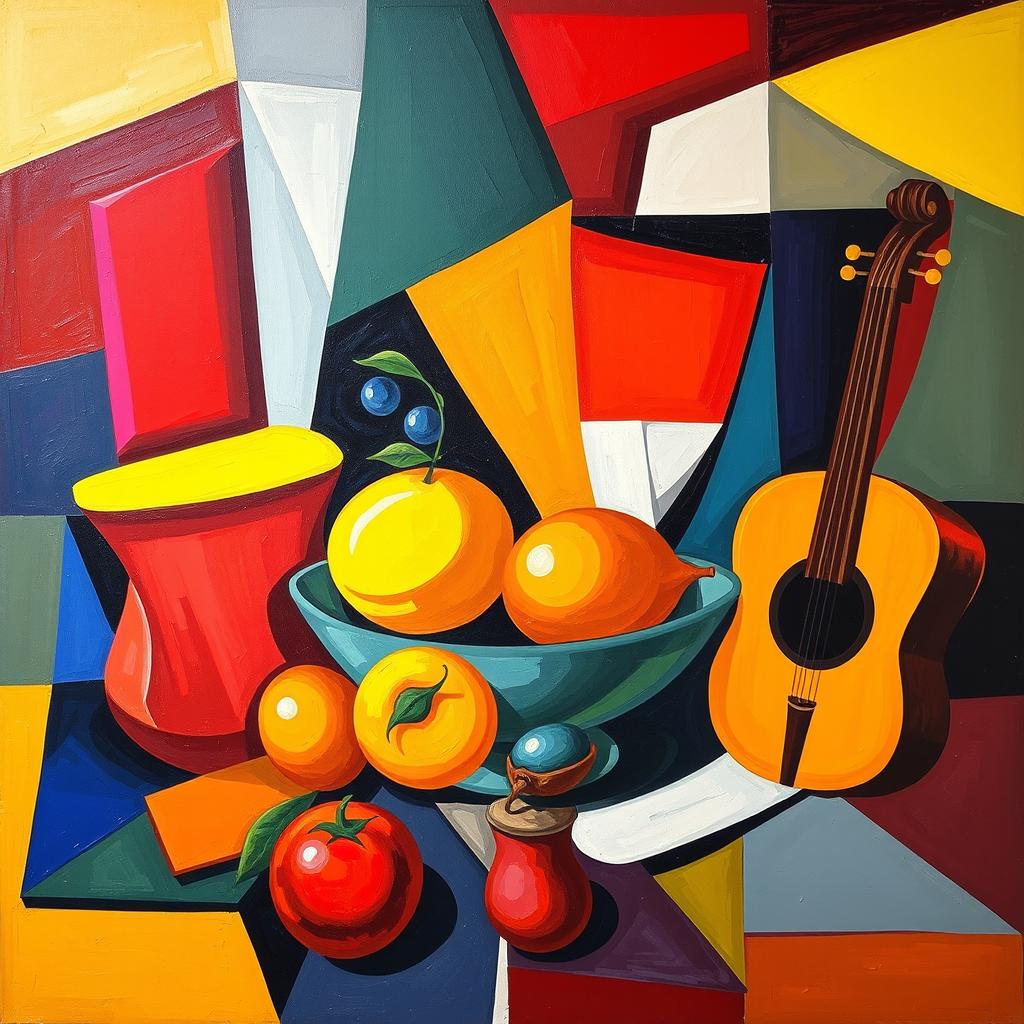A vibrant and dynamic cubist painting featuring abstract shapes and forms that suggest depth and perspective, colored in bold and bright acrylic hues