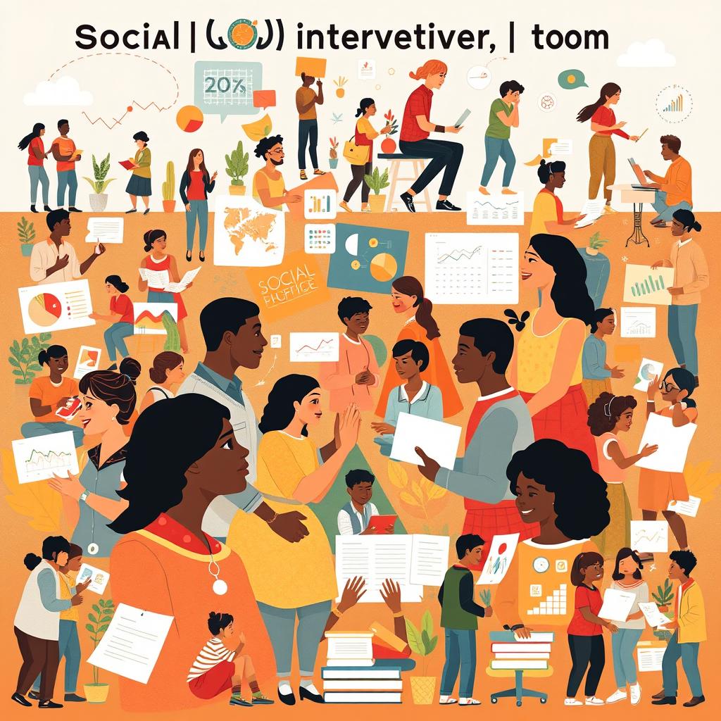 A visually engaging collage depicting various aspects of social intervention theories and best practices