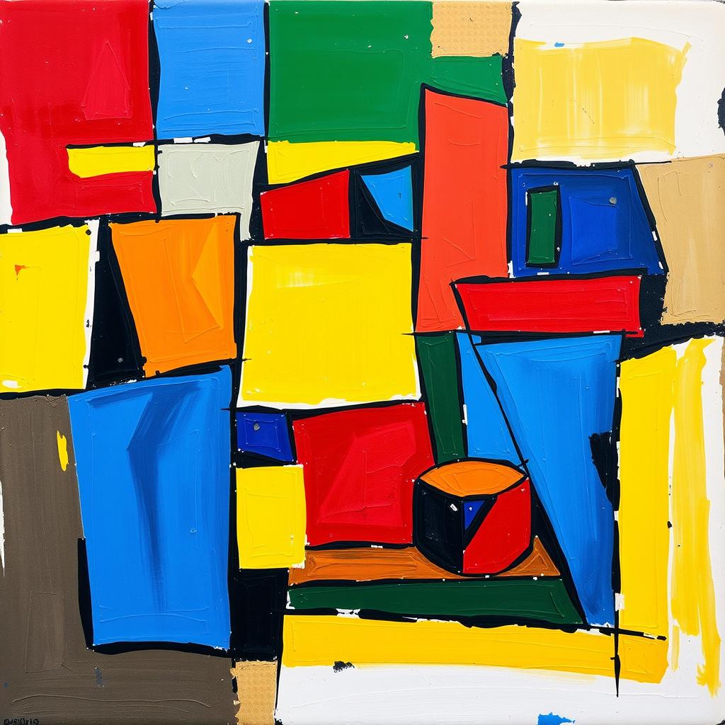 A vibrant and dynamic cubist painting featuring abstract shapes and forms that suggest depth and perspective, colored in bold and bright acrylic hues