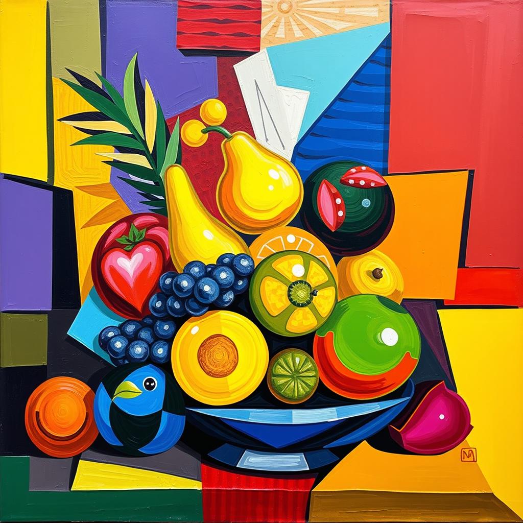 A vibrant cubist artwork featuring a still life arrangement of colorful fruits and abstract shapes
