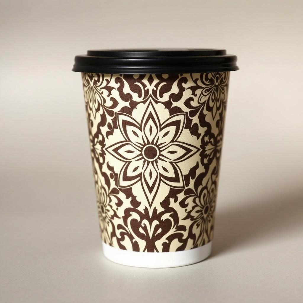 A beautifully designed coffee cup with an intricate brown and cream floral pattern, featuring a symmetrical flower design at the center