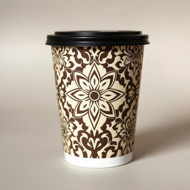 A beautifully designed coffee cup with an intricate brown and cream floral pattern, featuring a symmetrical flower design at the center