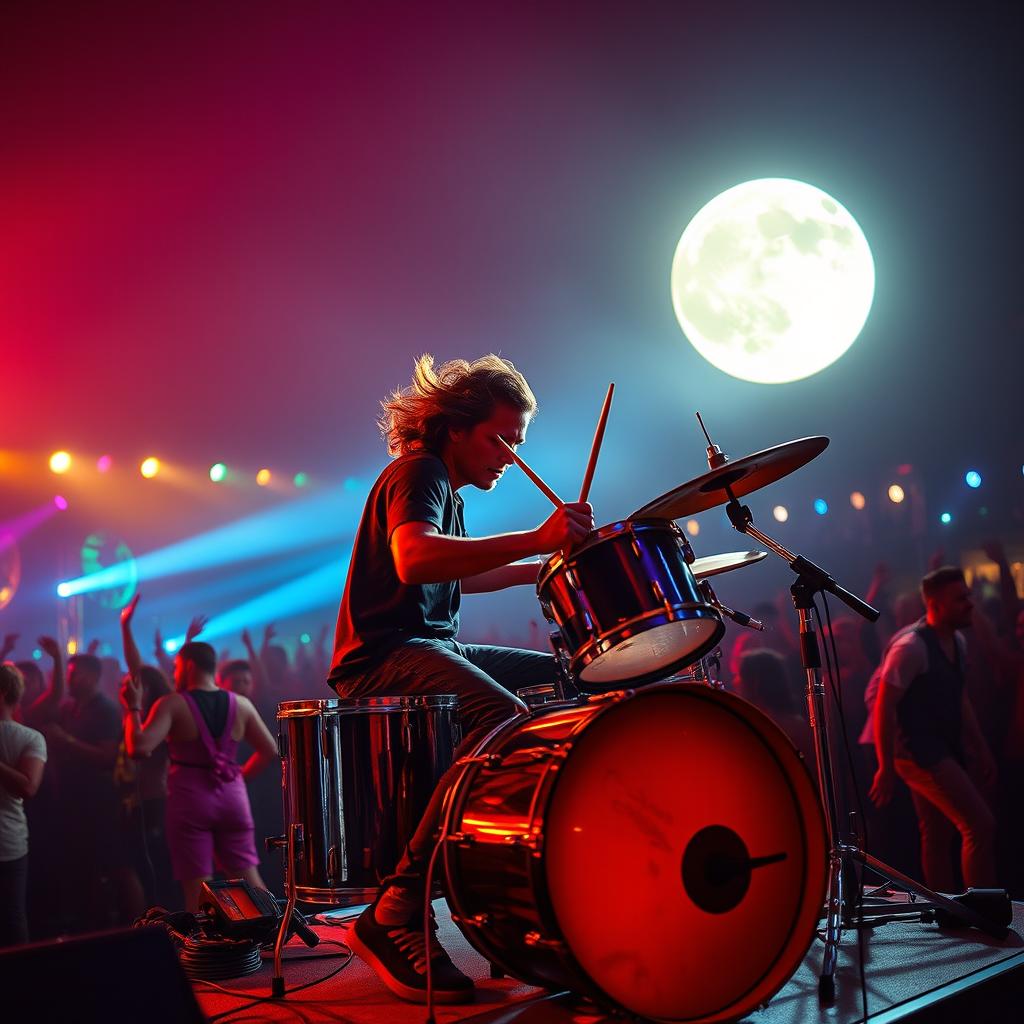 A male drummer passionately playing his drums on a vibrant stage, illuminated by a bright full moon in a night sky