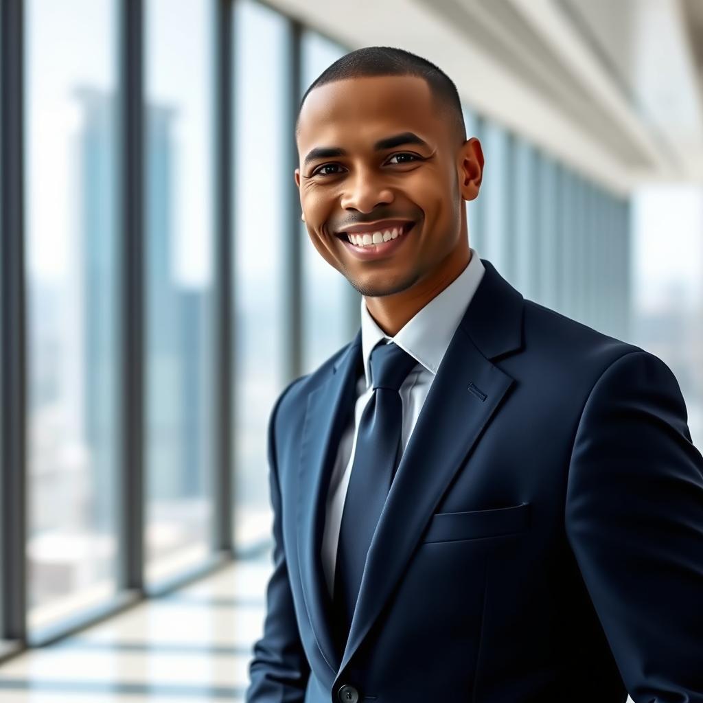 A professional portrait of a confident individual wearing a tailored dark blue suit with a crisp white shirt and a stylish tie