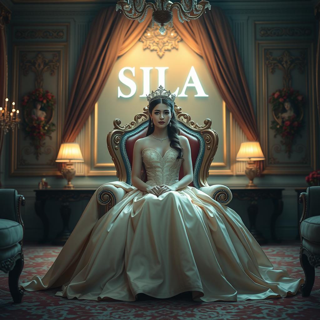 In a beautifully decorated room, a regal queen sits majestically on a throne