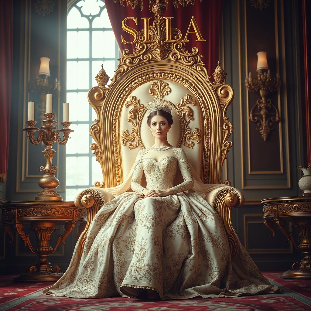 A beautiful room featuring a regal queen sitting on a majestic throne