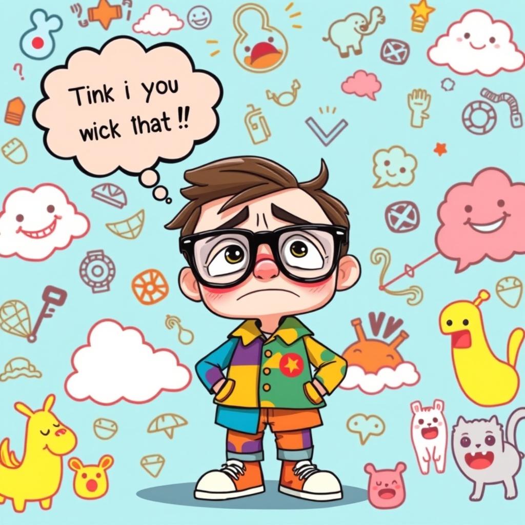 A whimsical and comedic TikTok profile picture featuring a cartoonish character with an exaggerated sad expression, wearing oversized glasses and a colorful, mismatched outfit that is both humorous and stylish