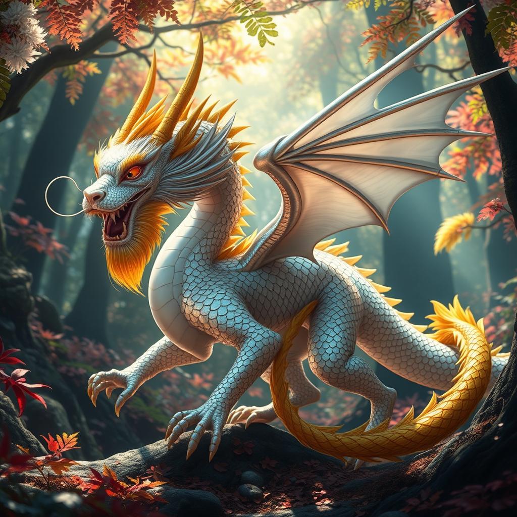 A majestic hybrid creature that combines the elegance of a Chinese silver dragon with the playful essence of a chaotic golden monkey