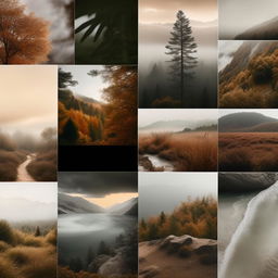 Generate a high definition, editorial quality mood board filled with imagery resonating with nature hues, transience, and contentment