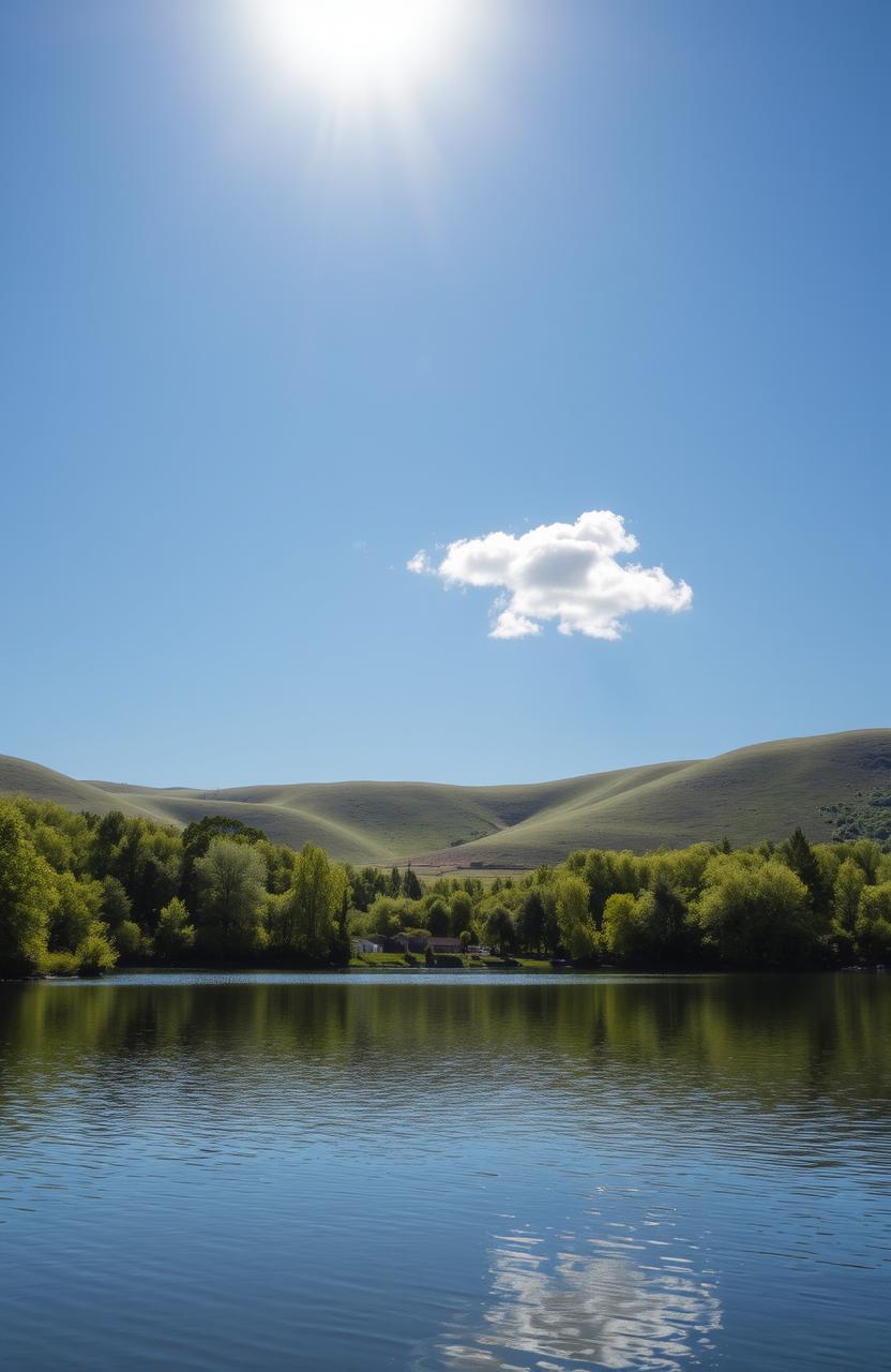 A serene and peaceful landscape scene featuring a tranquil lake surrounded by lush green trees under a bright blue sky