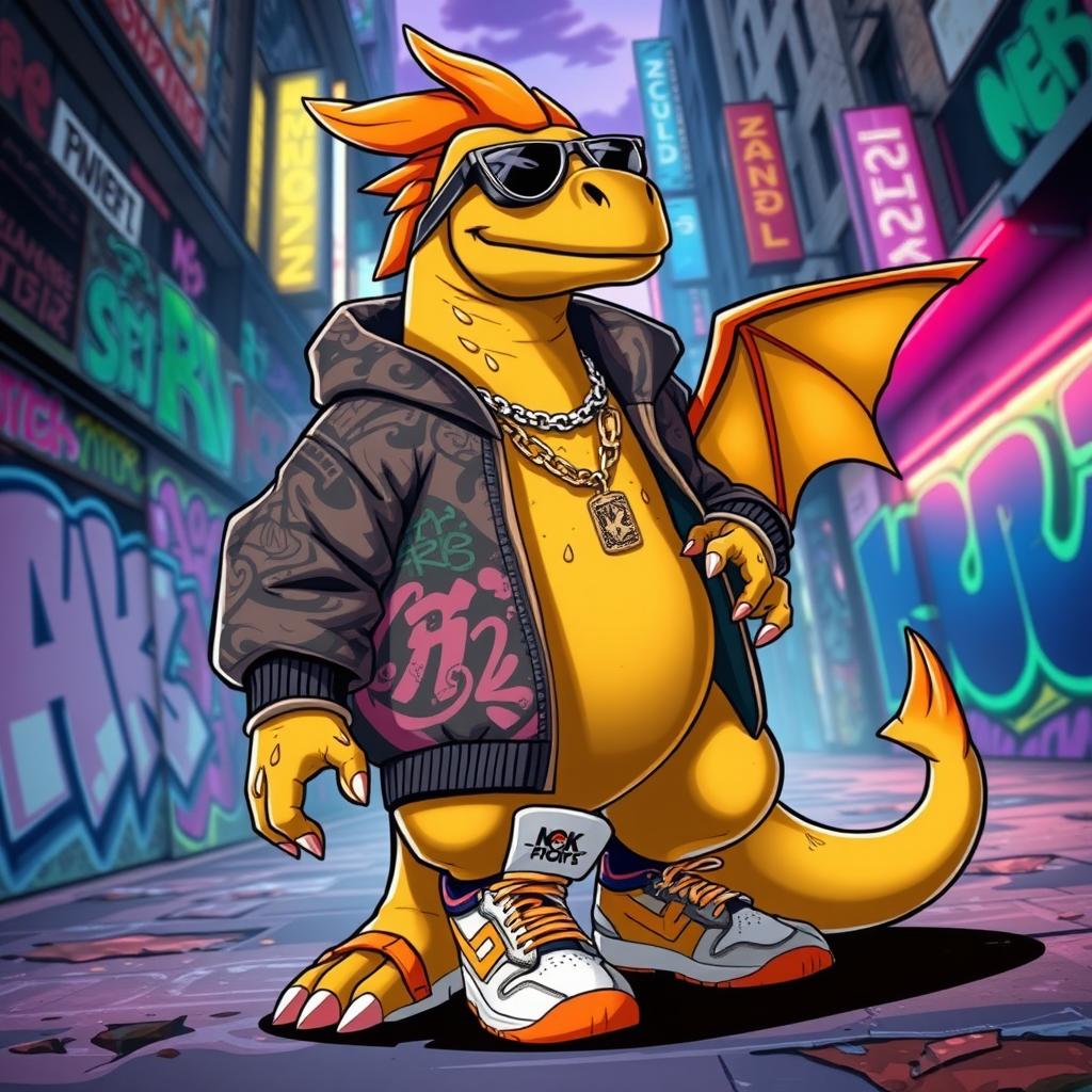 A stylized depiction of a Charizard character transformed with modern streetwear fashion, showcasing vibrant colors and intricate patterns
