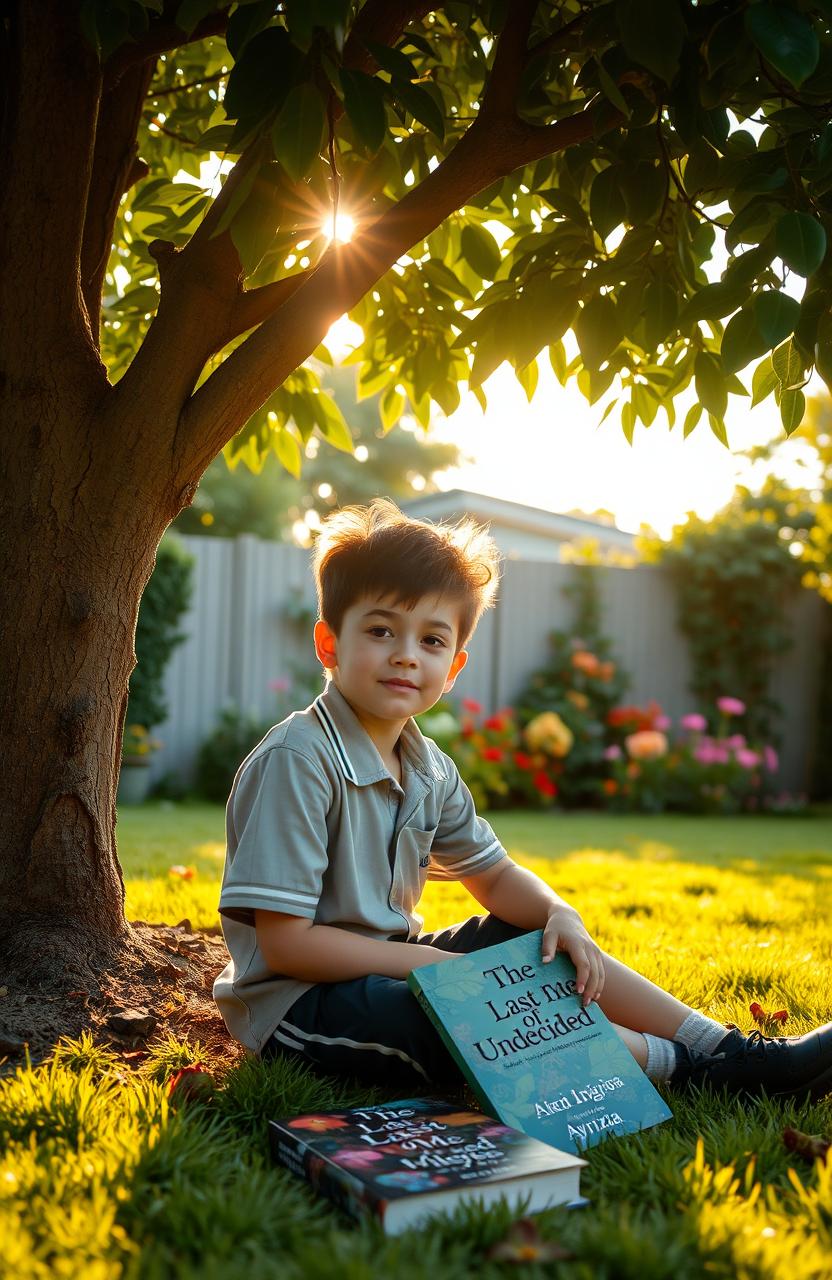 A young boy sitting under a tree in the evening, wearing a school uniform while seated in a serene backyard garden