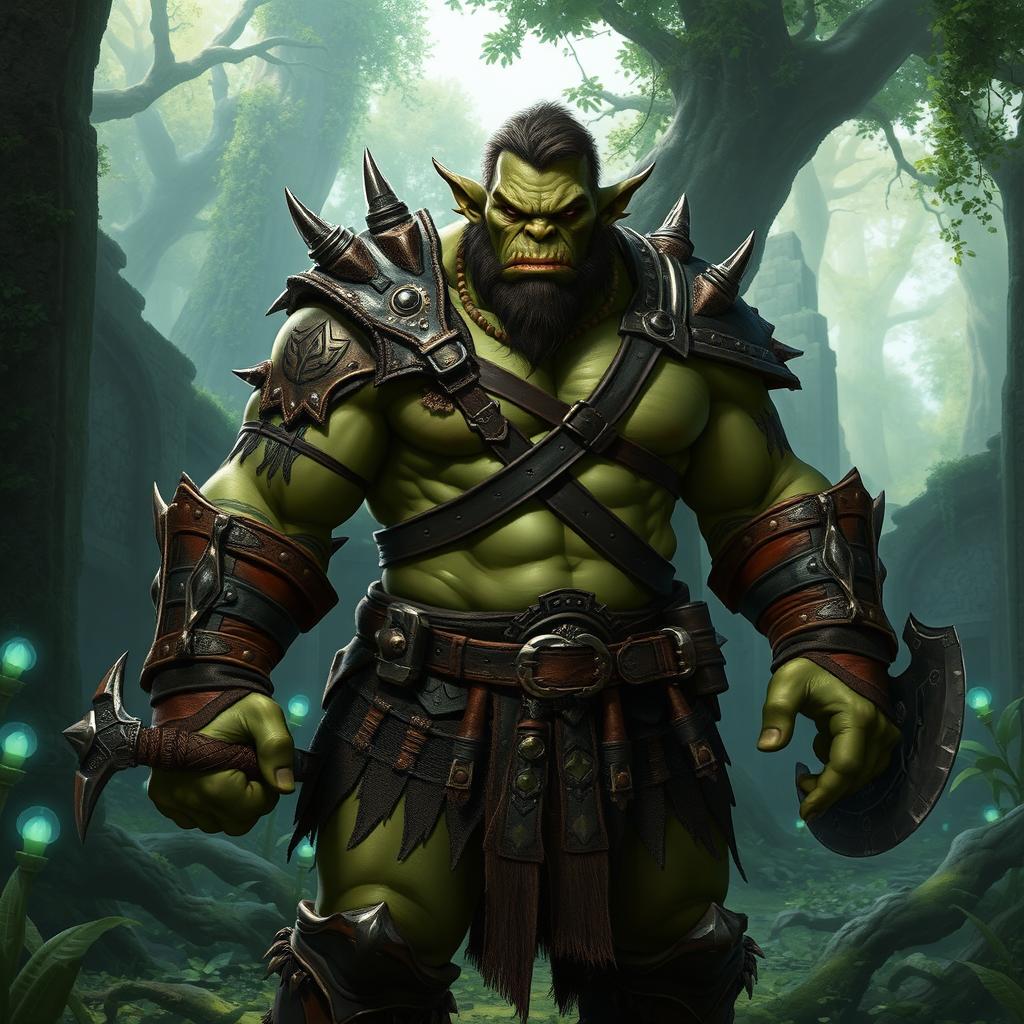 A fierce and muscular orc standing in a lush fantasy forest, wearing rugged leather armor adorned with spikes and tribal patterns