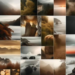 Generate a high definition, editorial quality mood board filled with imagery resonating with nature hues, transience, and contentment