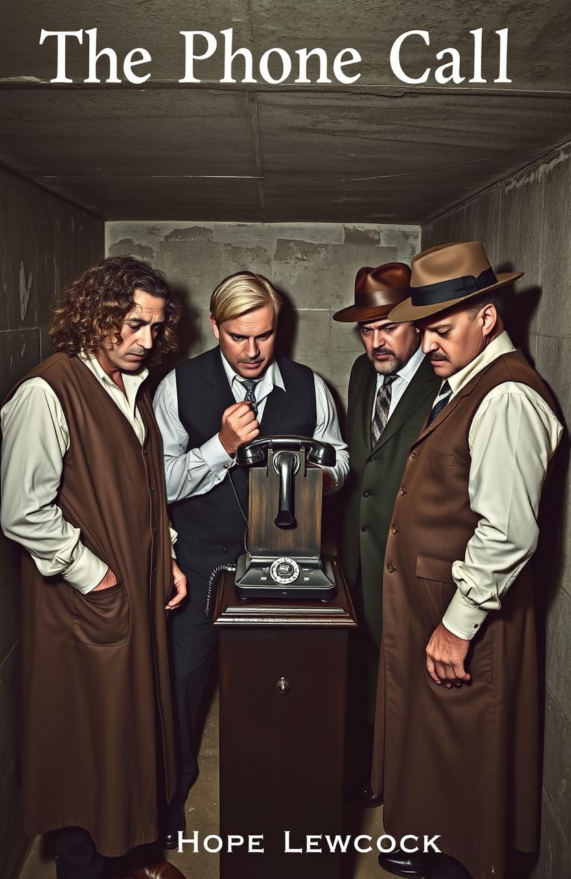 A tense scene in a dimly lit concrete basement, featuring four men dressed in stylish long waistcoats and fedora hats