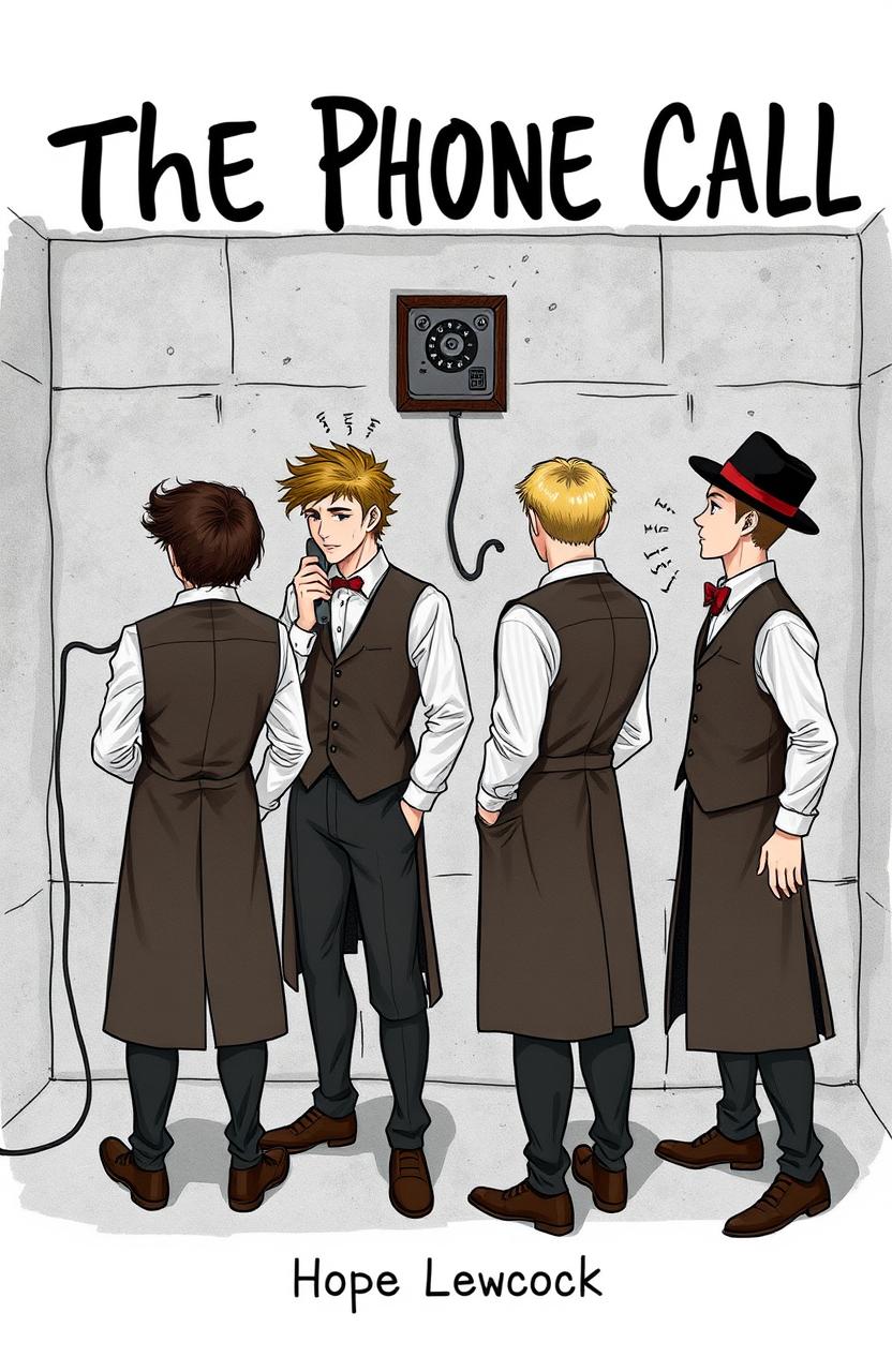 A scene depicting four young men in a concrete basement, all aged 18, dressed in stylish long waistcoats and fedora hats