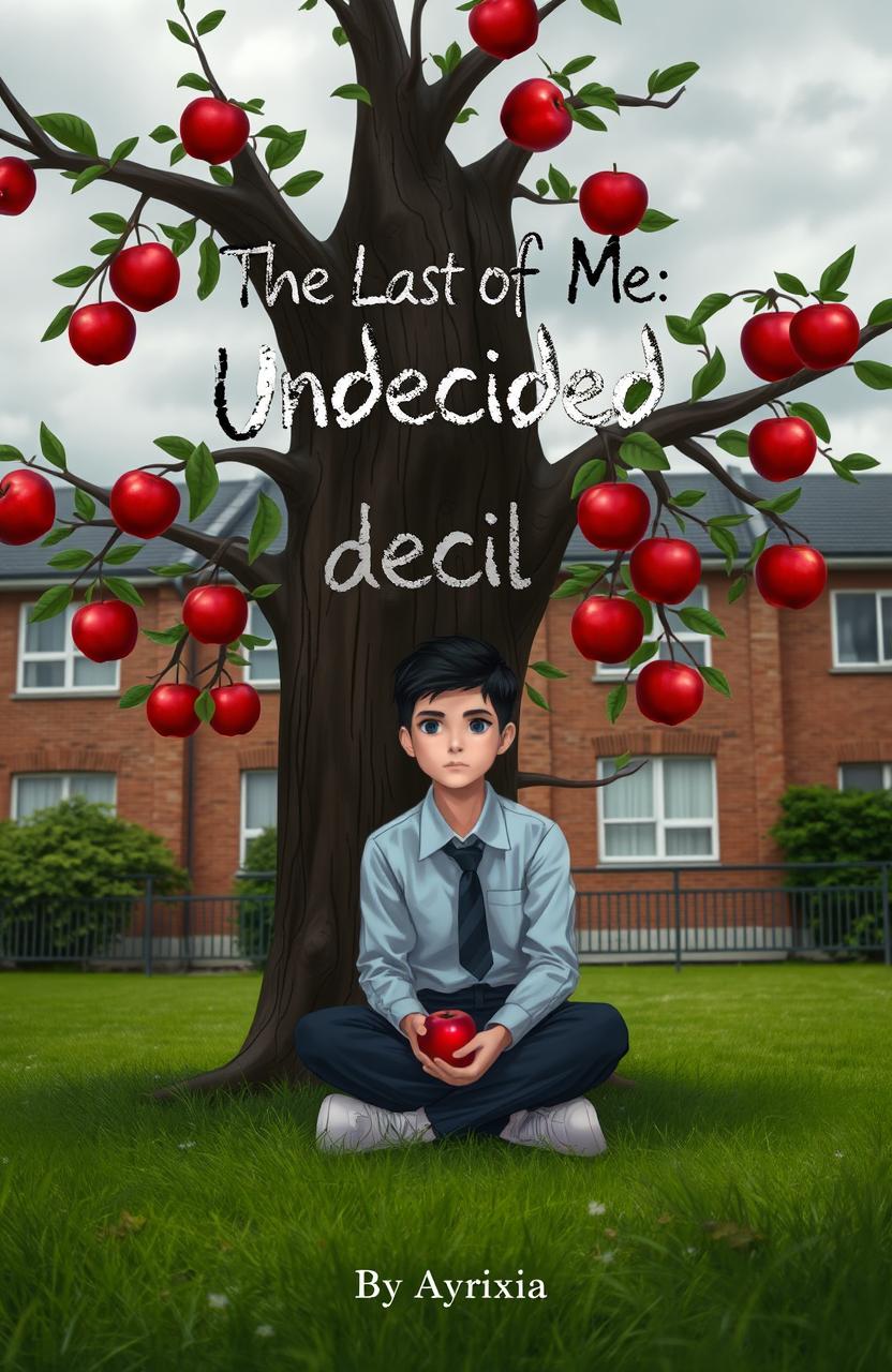 A schoolyard background with a somber atmosphere, featuring a cloudy sky and an apple tree with ripe apples teetering on the branches, about to fall