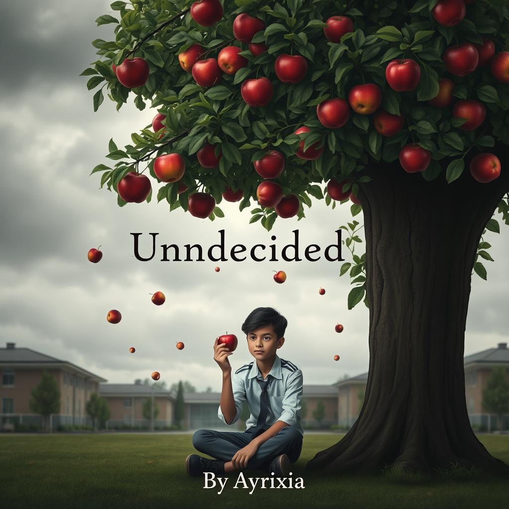 A schoolyard background with a gloomy atmosphere, featuring a cloudy sky and a lush apple tree with thick foliage and ripe apples hanging precariously, ready to fall