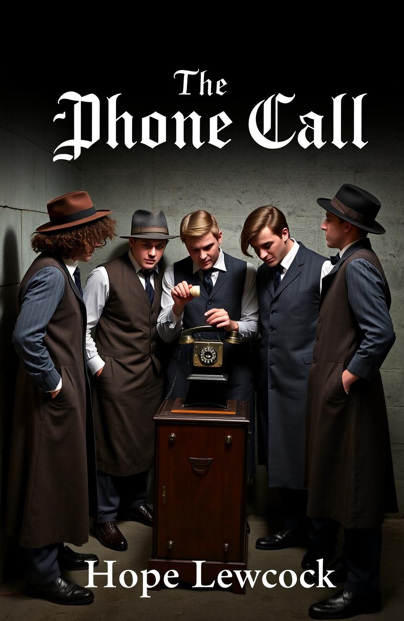 Five young men in long waistcoats and fedora hats gathered around an old-fashioned telephone in a dimly lit concrete basement