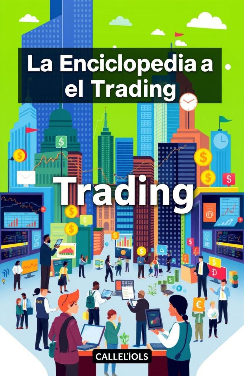 A visually engaging cover for an encyclopedia about trading, featuring vibrant illustrations of stock market graphs, currency symbols, and diverse traders interacting with technology