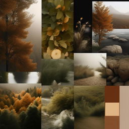 Generate a high definition, editorial quality mood board filled with imagery resonating with nature hues, transience, and contentment