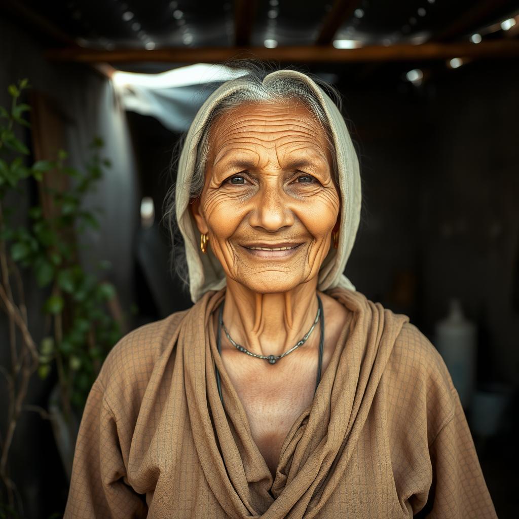 A poor widow with a gentle smile, wearing simple ragged clothes, standing in a modest, rustic environment