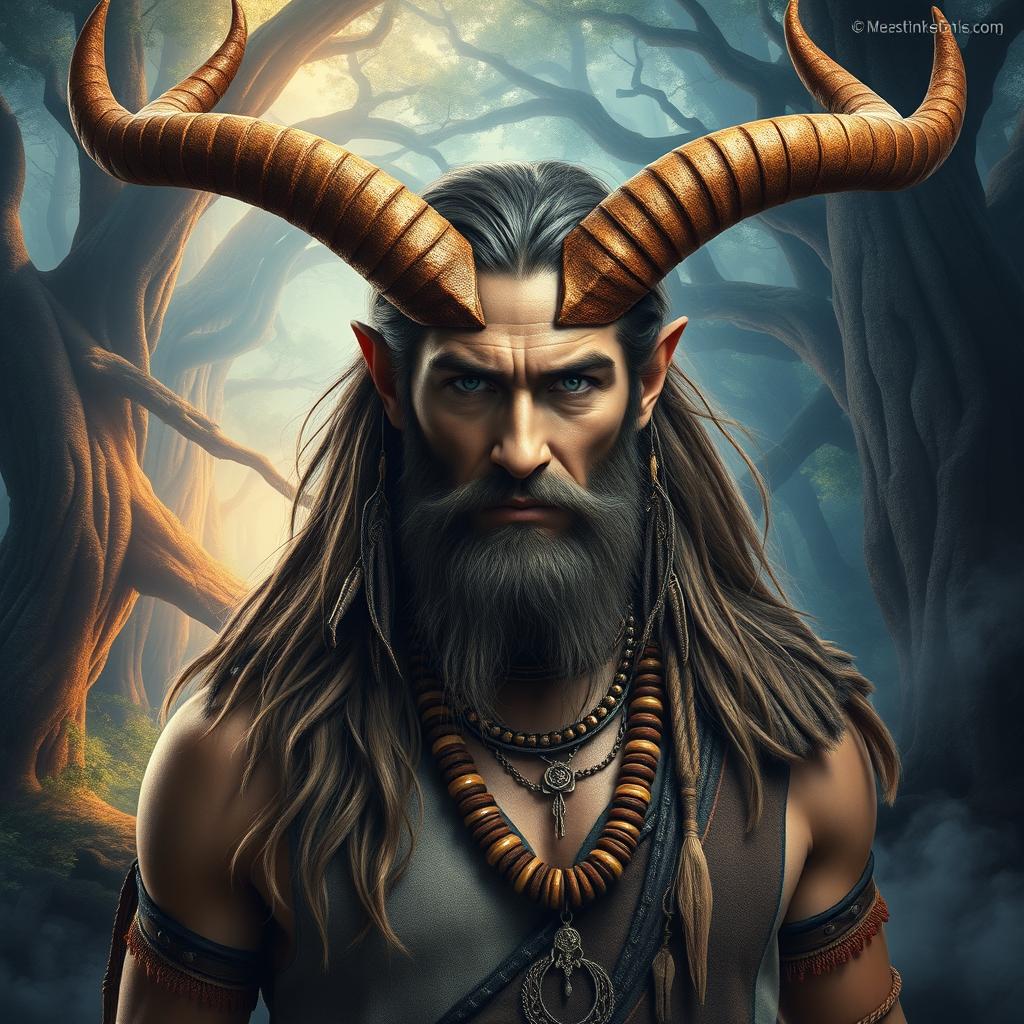 A mystical and strong man with large, impressive horns protruding from his forehead, standing in a fantastical landscape