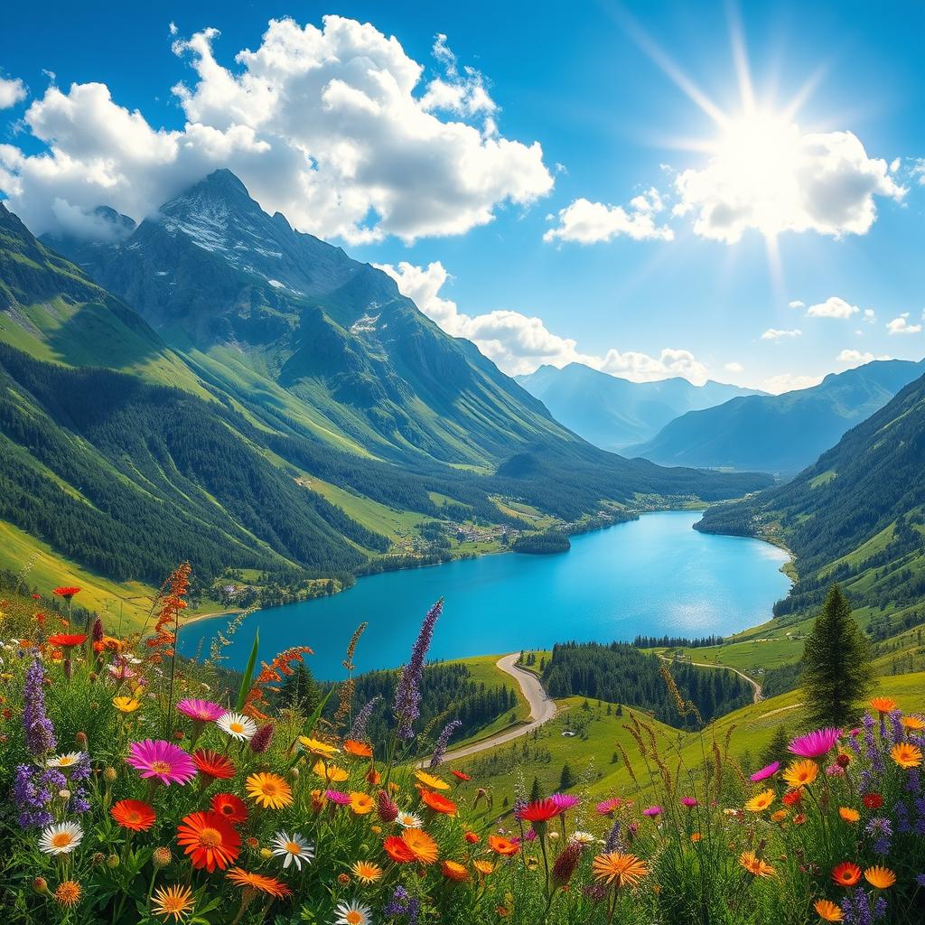 A beautifully detailed image showcasing a vibrant and colorful landscape scene, featuring a large, scenic mountain range in the background, lush green valleys, and a serene lake reflecting the blue sky
