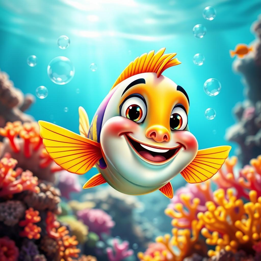A cheerful, smiling fish swaying playfully in the ocean, surrounded by colorful corals and bright sea creatures