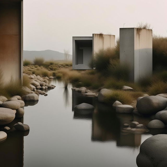 A high-definition and editorial quality minimalist mood board, embodying the convergence of nature and industrial brutalism. Show elements of raw concrete, steel structures alongside organic elements like plants, rocky landscapes and water bodies.