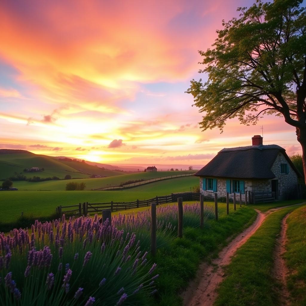 A majestic view of the French countryside at sunset, featuring rolling green hills, a quaint stone cottage with a thatched roof, and a vibrant sky painted in shades of orange, pink, and purple