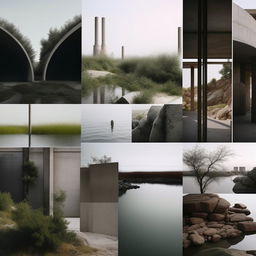 A high-definition and editorial quality minimalist mood board, embodying the convergence of nature and industrial brutalism. Show elements of raw concrete, steel structures alongside organic elements like plants, rocky landscapes and water bodies.