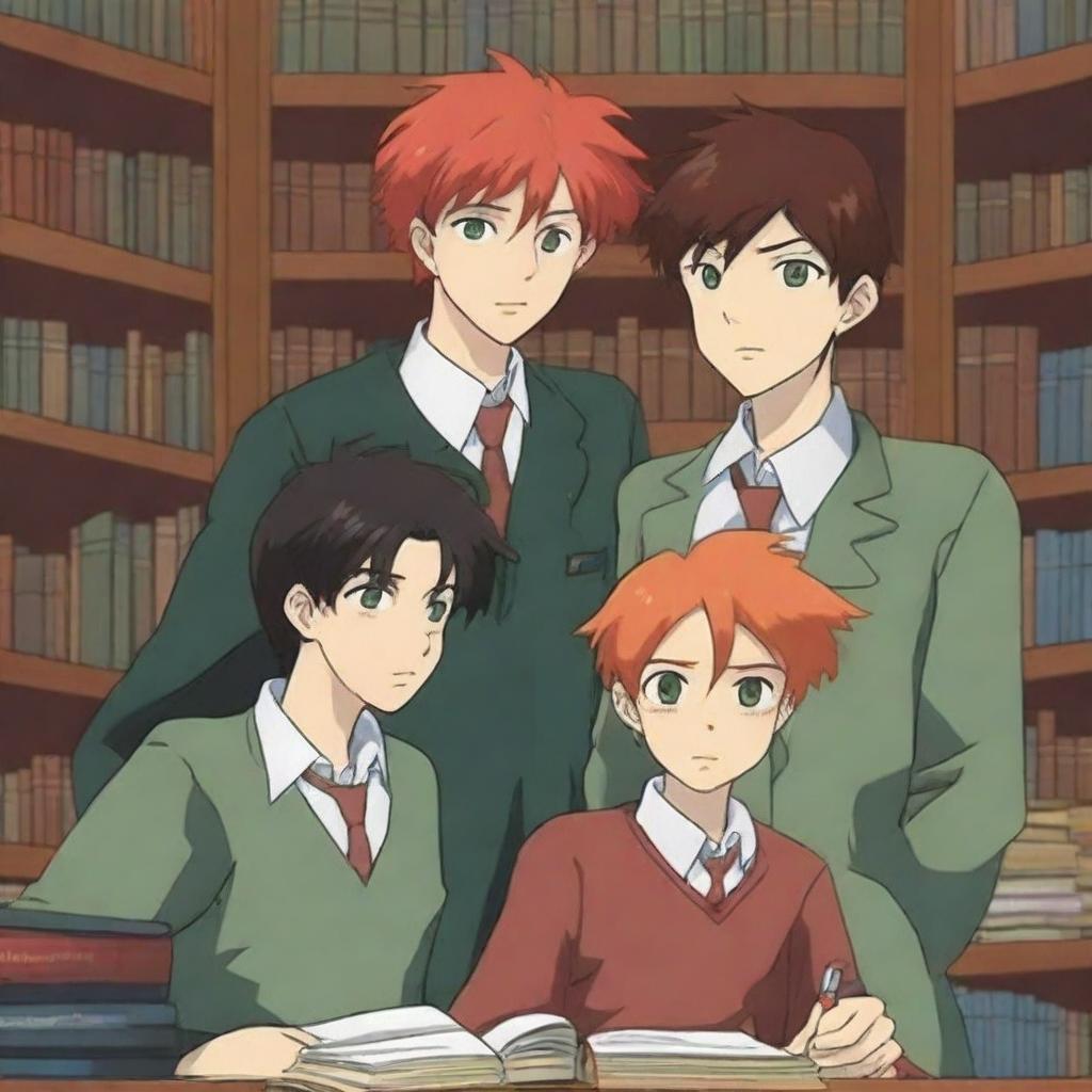 This anime-style digital art depicts two handsome high school boys in a library setting