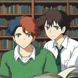 This anime-style digital art depicts two handsome high school boys in a library setting