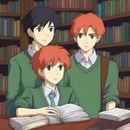 This anime-style digital art depicts two handsome high school boys in a library setting