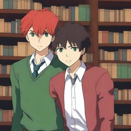 This anime-style digital art depicts two handsome high school boys in a library setting