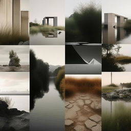 A high-definition and editorial quality minimalist mood board, embodying the convergence of nature and industrial brutalism. Show elements of raw concrete, steel structures alongside organic elements like plants, rocky landscapes and water bodies.