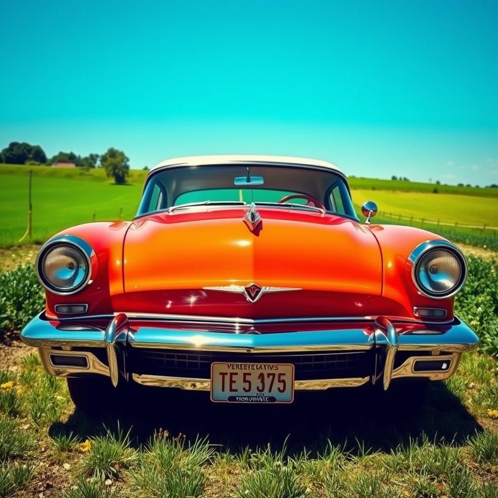 A vintage car from the 1950s, showcasing its classic design with polished chrome accents and a sleek body