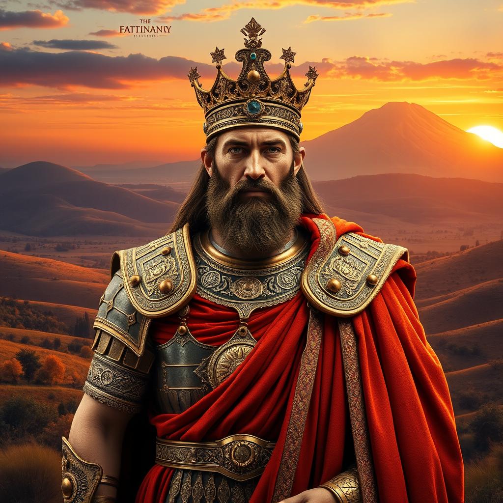 A regal portrait of Tigran the Great, the Armenian king, depicted in detailed ancient armor adorned with intricate designs