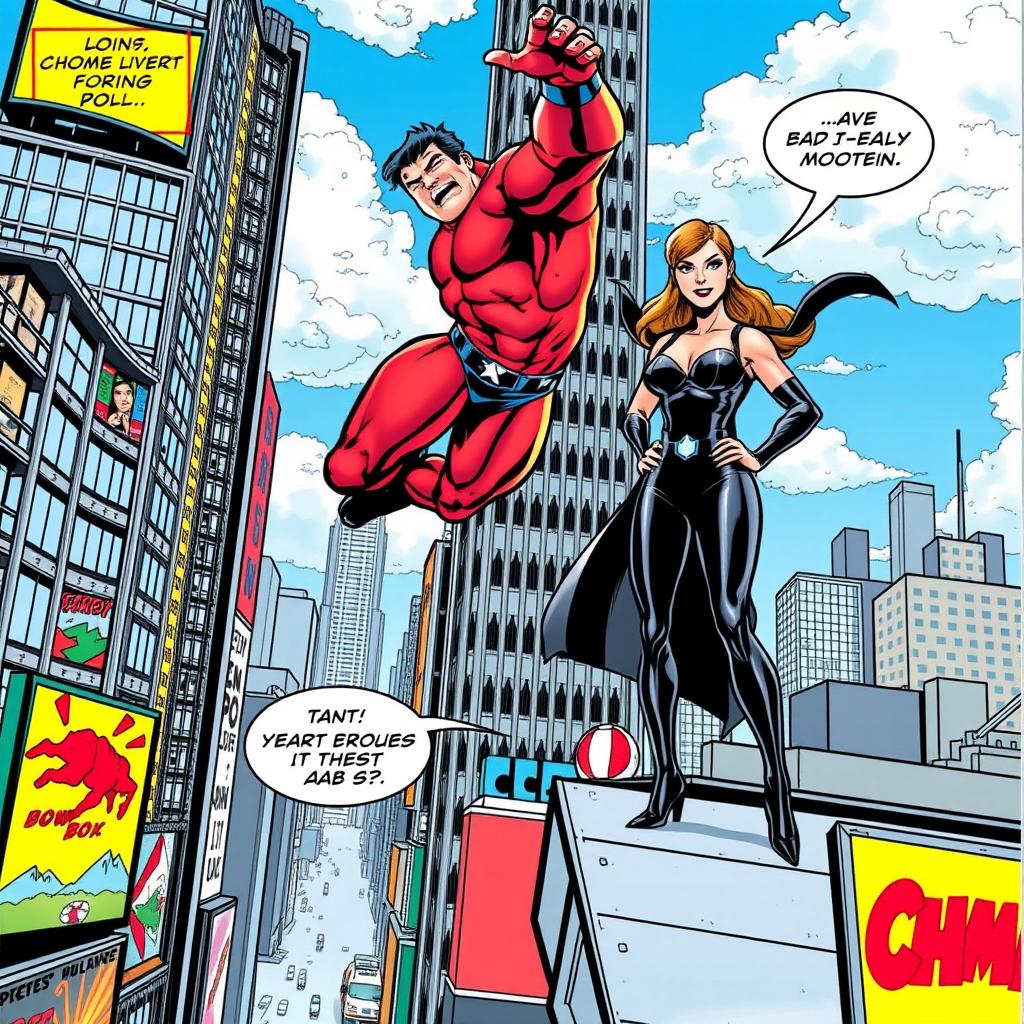 A vibrant and dynamic comic book scene featuring superheroes in action