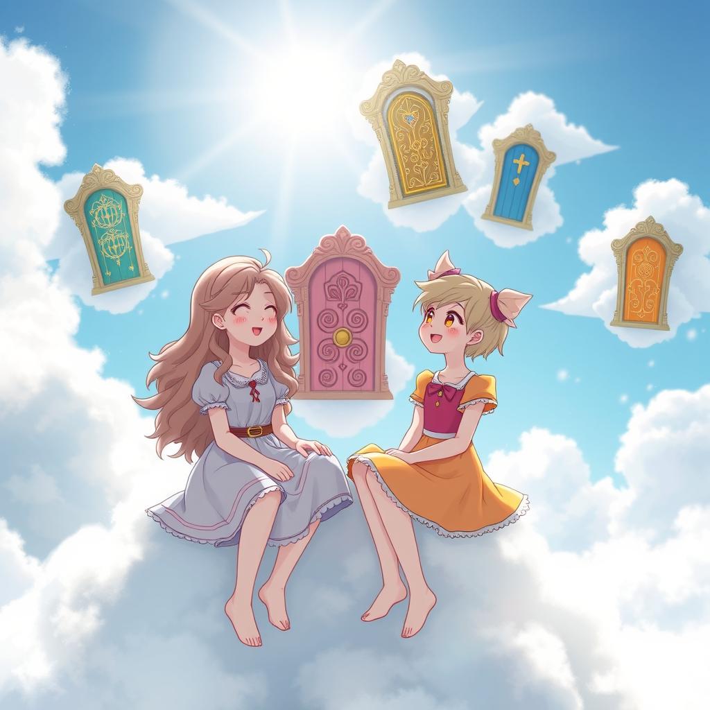 A whimsical scene featuring two girls having a cheerful conversation above the clouds